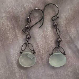 Vintage Gunmetal Mint Green Chalcedony Dangle Earrings